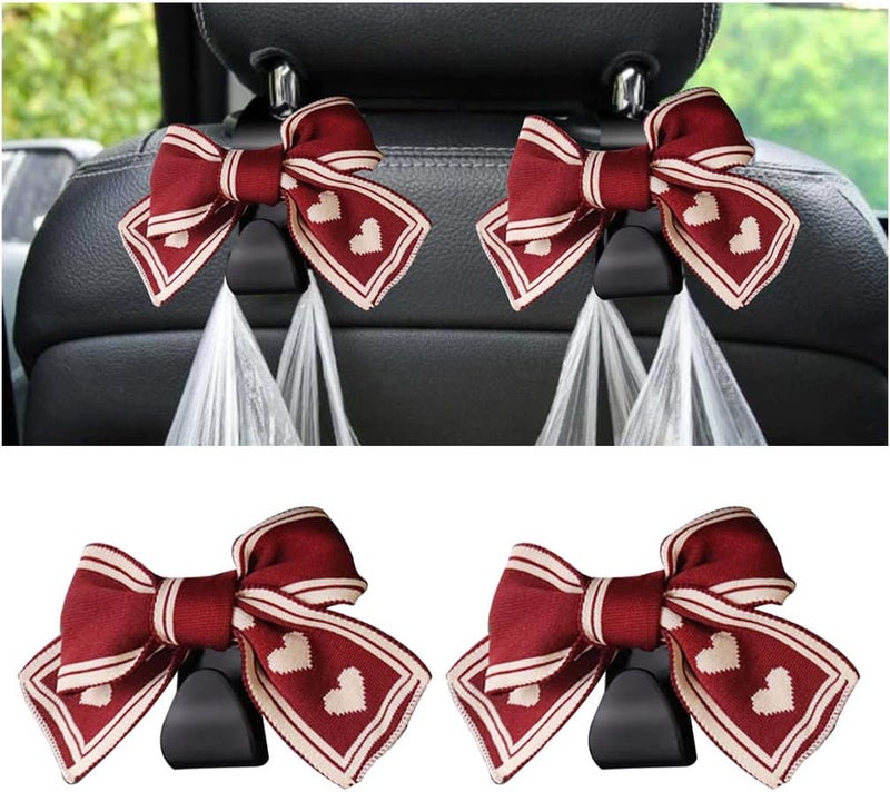 Mandark 2PCS Car Seat Headrest Hooks, Cute Bow Vehicle Hooks for Purses and Bags, Automotive Purse Hook Hanger Interior Decoration Accessories, Universal for SUV, Sedan, Truck (Red/White) - Image 1